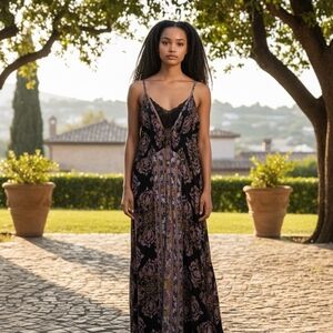 Free People Black Maxi Dress with Mauve & Gold Paisley